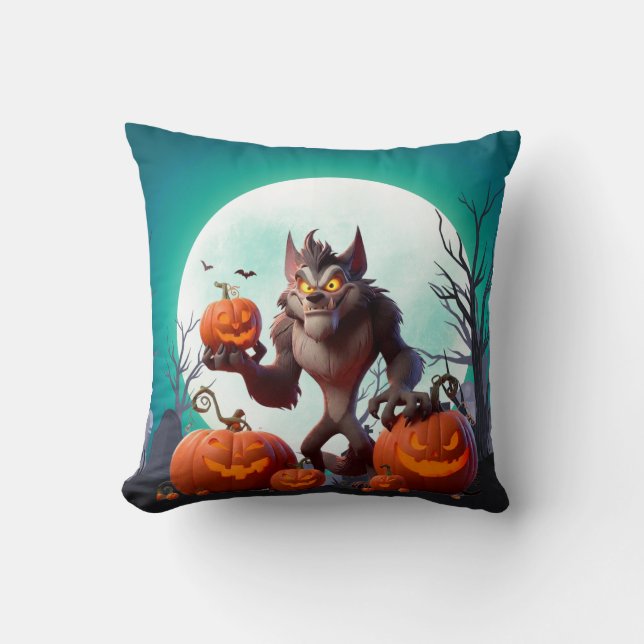 Halloween werewolf and pumpkins throw pillow (Front)