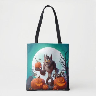 Halloween werewolf and pumpkins tote bag