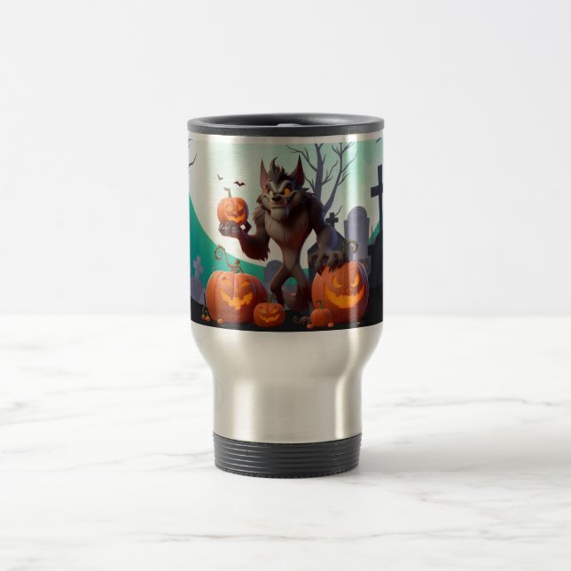 Halloween werewolf and pumpkins travel mug (Center)