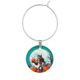 Halloween werewolf and pumpkins wine charm