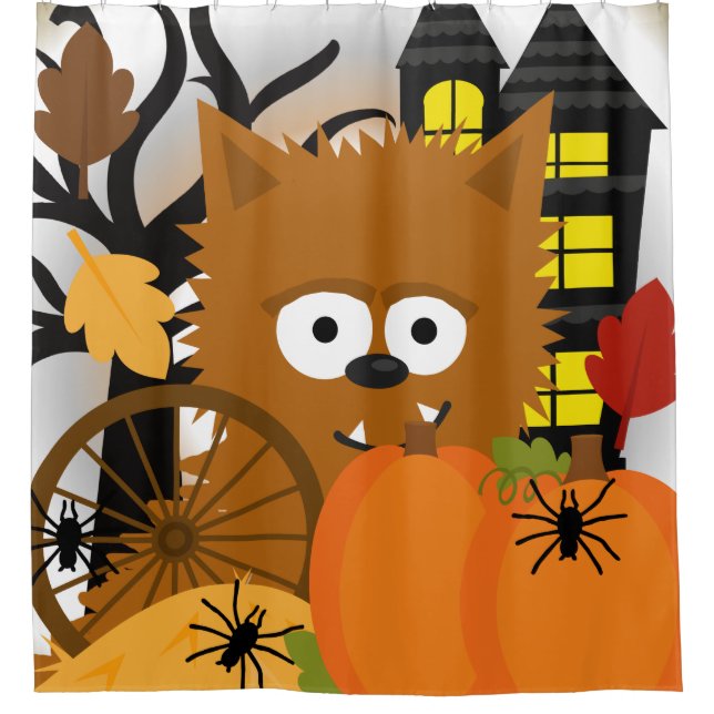 Halloween Werewolf Haunted House Spiders Pumpkin Shower Curtain (Front)