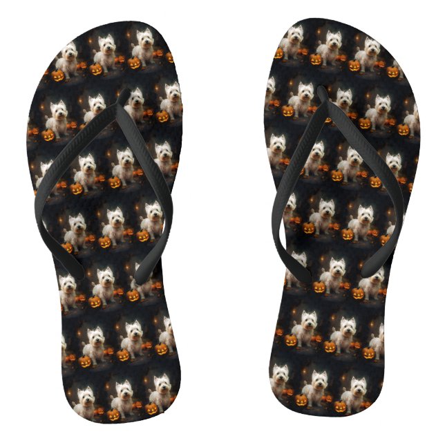 Halloween West Highland White Terrier Pumpkins Flip Flops (Footbed)