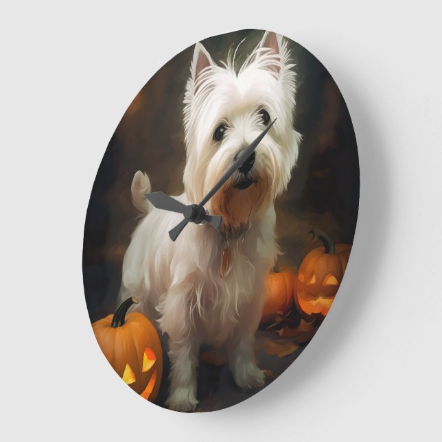 Halloween West Highland White Terrier Pumpkins Large Clock (Angle)