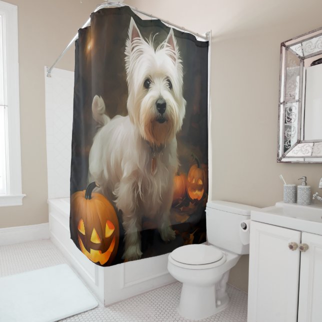 Halloween West Highland White Terrier Pumpkins Shower Curtain (In Situ)