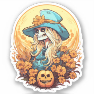 Halloween Western Cowgirl Skeleton Floral Pumpkin Sticker