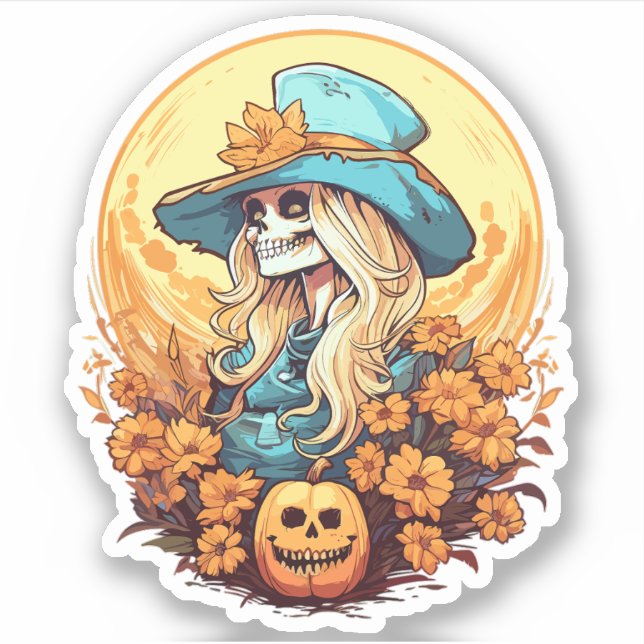 Halloween Western Cowgirl Skeleton Floral Pumpkin Sticker (Front)