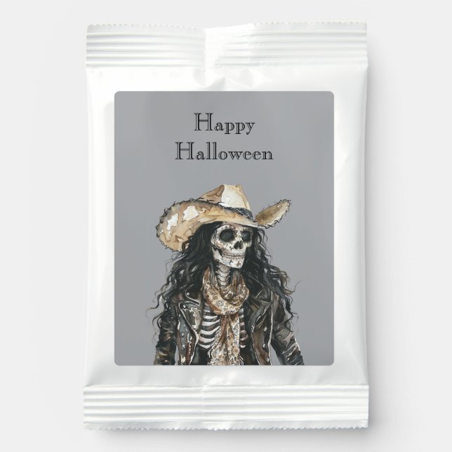 Halloween Western Cowgirl Skeleton with Hat Hot Chocolate Drink Mix (Front)