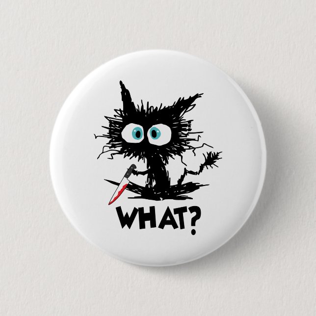 Halloween What- Funny Black Cat with Knife Long Sl Button (Front)