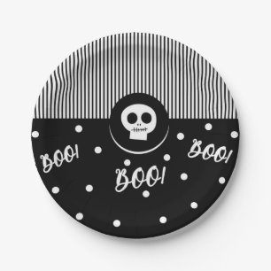 Halloween Whimsical Boo Skull Black & White Party Paper Plates