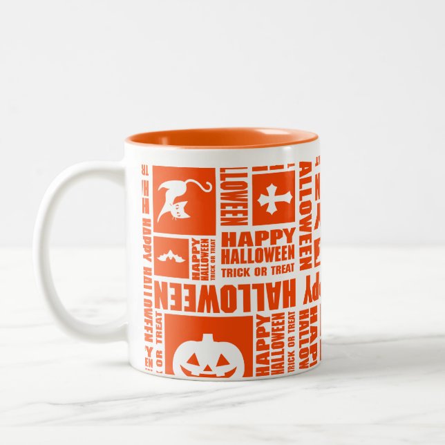 Halloween Whimsical Cool Typography Pattern Orange Two-Tone Coffee Mug (Left)