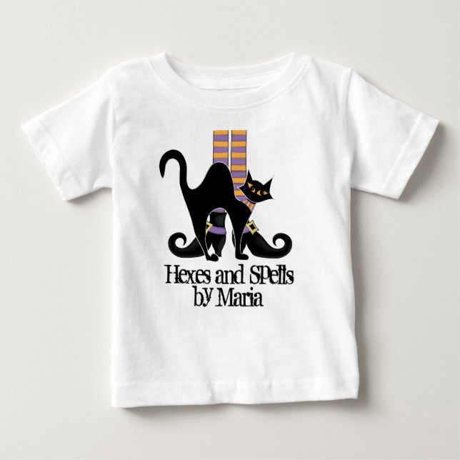 Halloween Whimsical Cute Black Cat Witch Shoes Baby T-Shirt (Front)