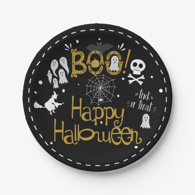 Halloween Whimsical Hand Drawn Costume Party Paper Plates (Front)