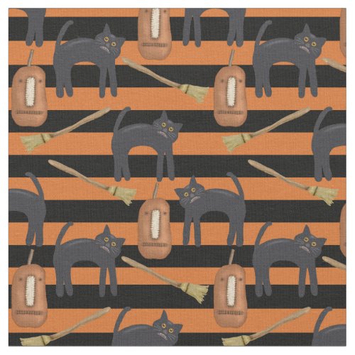 Halloween Whimsical Stripes Cats Pumpkins Fabric