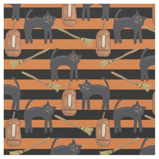 Halloween Whimsical Stripes, Cats, Pumpkins Fabric