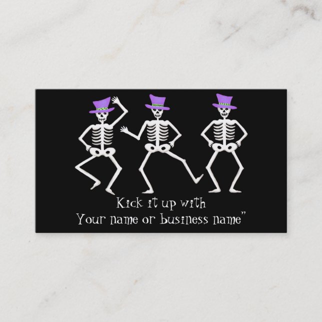 Halloween Whimsy Dancing Skeletons Purple Top Hat Business Card (Front)