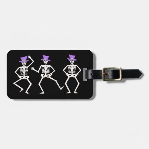 Halloween Whimsy Dancing Skeletons Purple Top Hat Luggage Tag