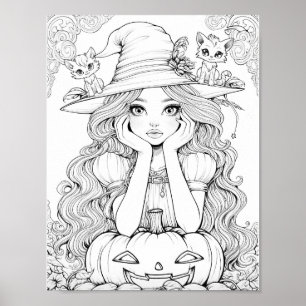 Halloween Whimsy: Pumpkin Cats on Hat Coloring Poster