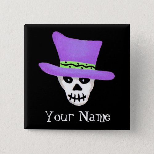 Halloween Whimsy Skeleton Skull Name Badge Pinback Button