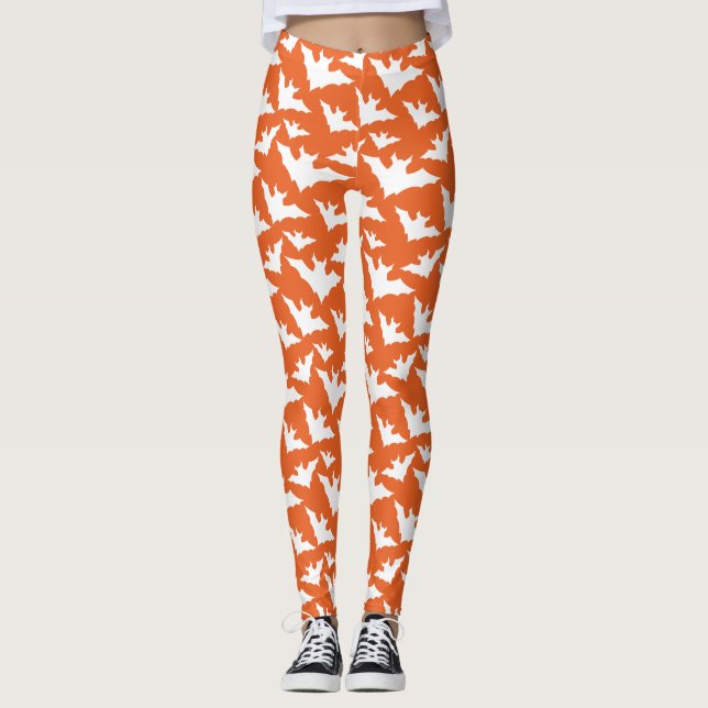 Halloween white bats orange cool spooky pattern leggings (Front)