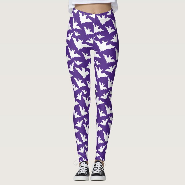 Halloween white bats purple cool spooky pattern leggings (Front)