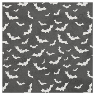 Halloween White Bats Silhouettes Pattern on Black Fabric