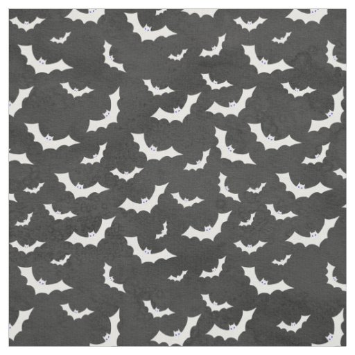 Halloween White Bats Silhouettes Pattern on Black Fabric