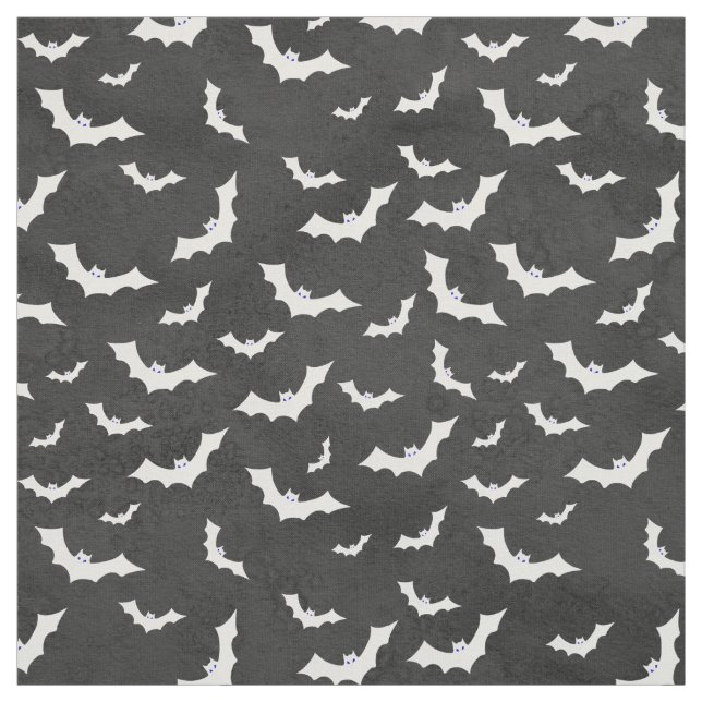 Halloween White Bats Silhouettes Pattern on Black Fabric (Swatch)