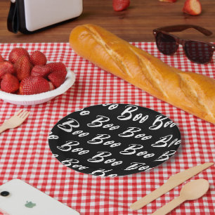 Halloween white boo text pattern paper plates