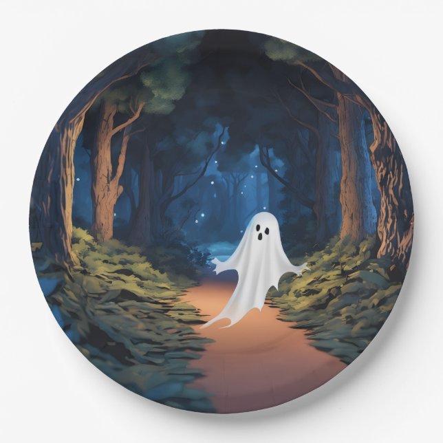 Halloween White Ghost In Forest Paper Plates (Front)