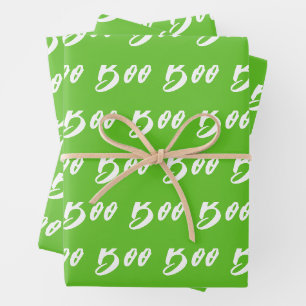 Halloween white green boo text pattern wrapping paper sheets