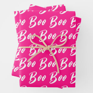 Halloween white hot pink boo text pattern wrapping paper sheets