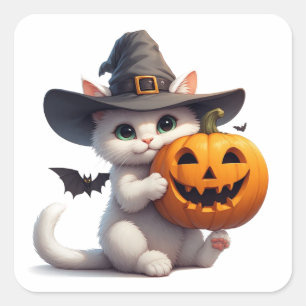 Halloween White Kitten Jack O Lantern Pumpkin 🦇 Square Sticker