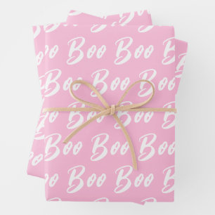Halloween white light pink boo text pattern wrapping paper sheets