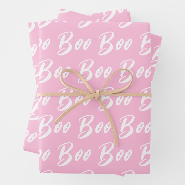 Halloween white light pink boo text pattern wrapping paper sheets (In situ)