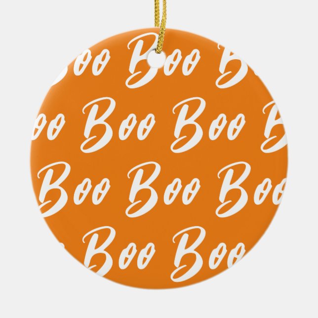 Halloween white orange boo text pattern ceramic ornament (Front)