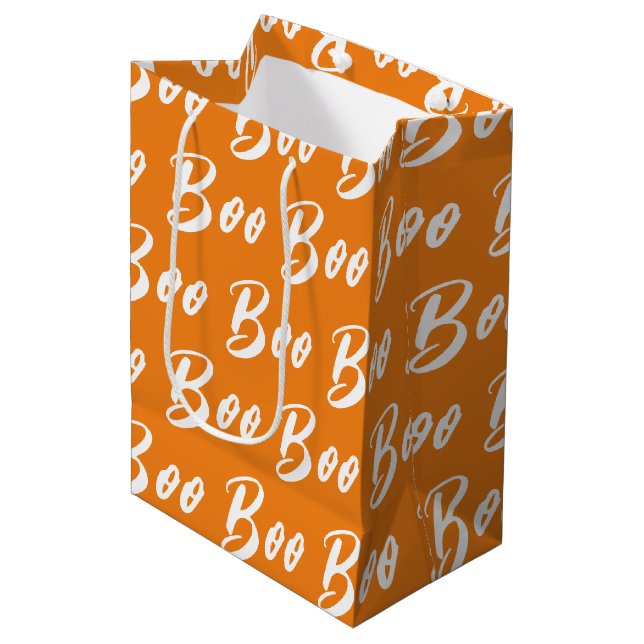 Halloween white orange boo text pattern medium gift bag (Front Angled)