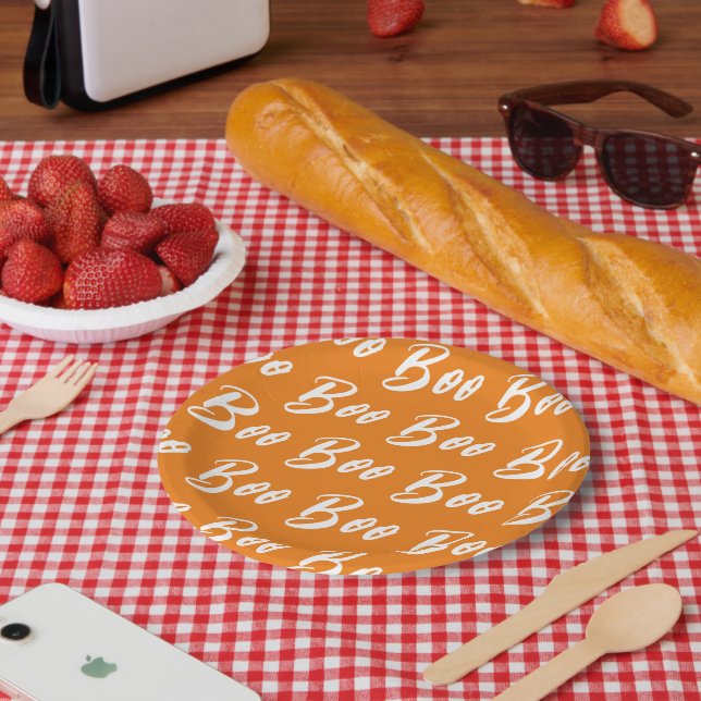 Halloween white orange boo text pattern paper plates (Picnic)