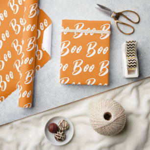 Halloween white orange boo text pattern wrapping paper