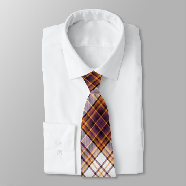 Halloween White, Purple & Orange Plaid Pattern Neck Tie (Tied)