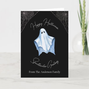 Halloween White Sheet Ghost & Cobwebs Gothic Black Holiday Card