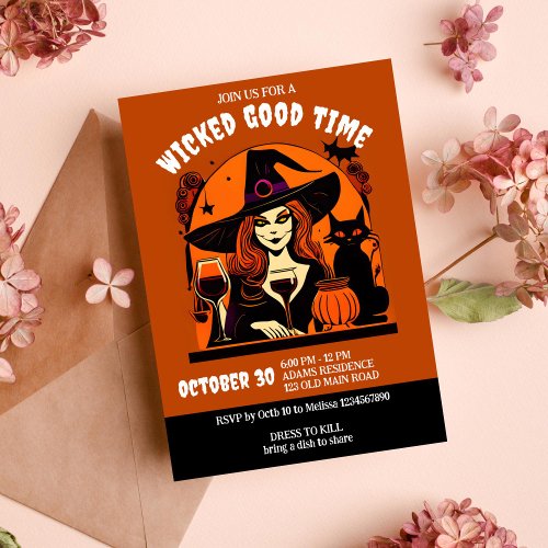 Halloween wicked good time witch and wine adults invitation