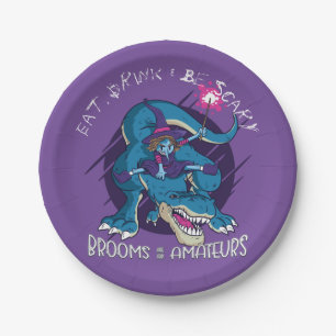 Halloween Wicked Witch On T-Rex Illustration Paper Plates