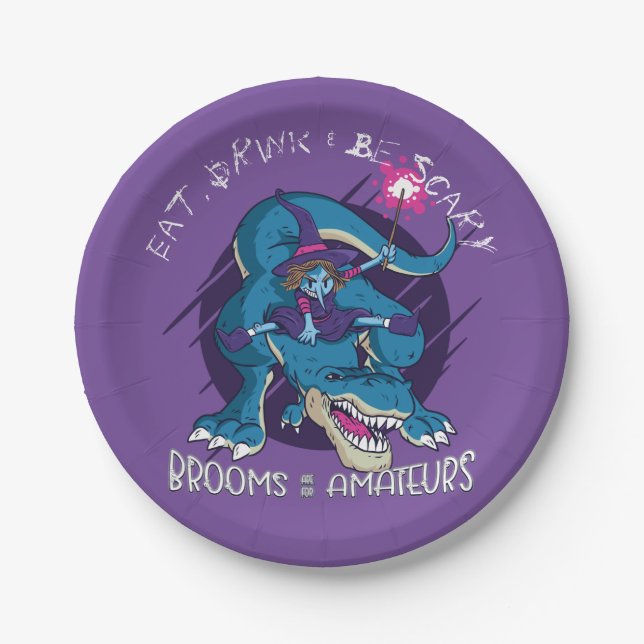 Halloween Wicked Witch On T-Rex Illustration Paper Plates (Front)