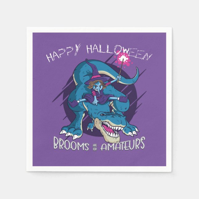 Halloween Wicked Witch On T-Rex Illustration Party Napkins (Front)