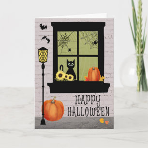 Halloween Window with Black Cat and Pumpkins Card