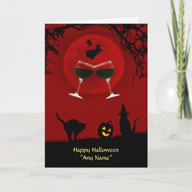 Halloween Wine and Witches Custom Name Card (Front)