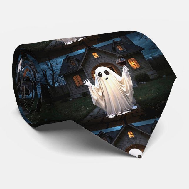 Halloween Wine Ghost Holiday Funny Cute Neck Tie (Rolled)