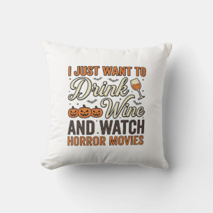 Halloween Wine Horror Movies Vintage Shirt Design_ Throw Pillow