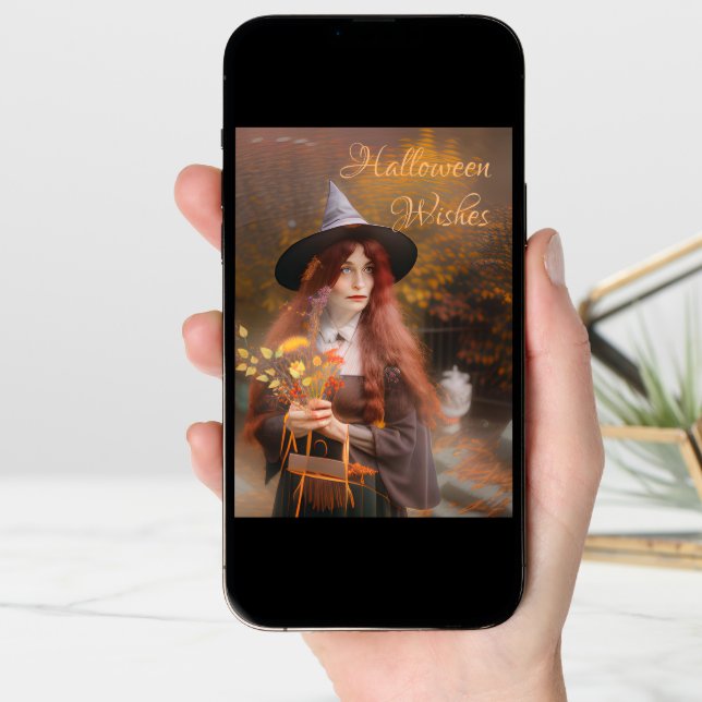 Halloween Wishes Witch Holding Autumn Bouquet  Card (Front Digital)