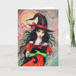 Halloween Witch and Black Cat Fantasy Art Card